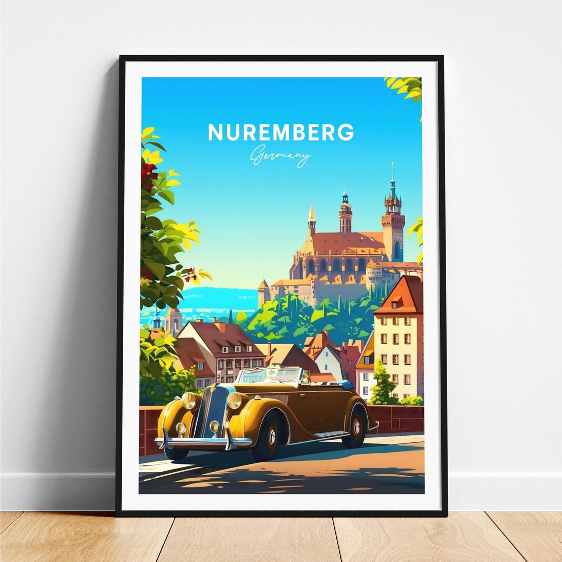 Nuremberg Germany Classic Car Castle Hill Day View Art Poster