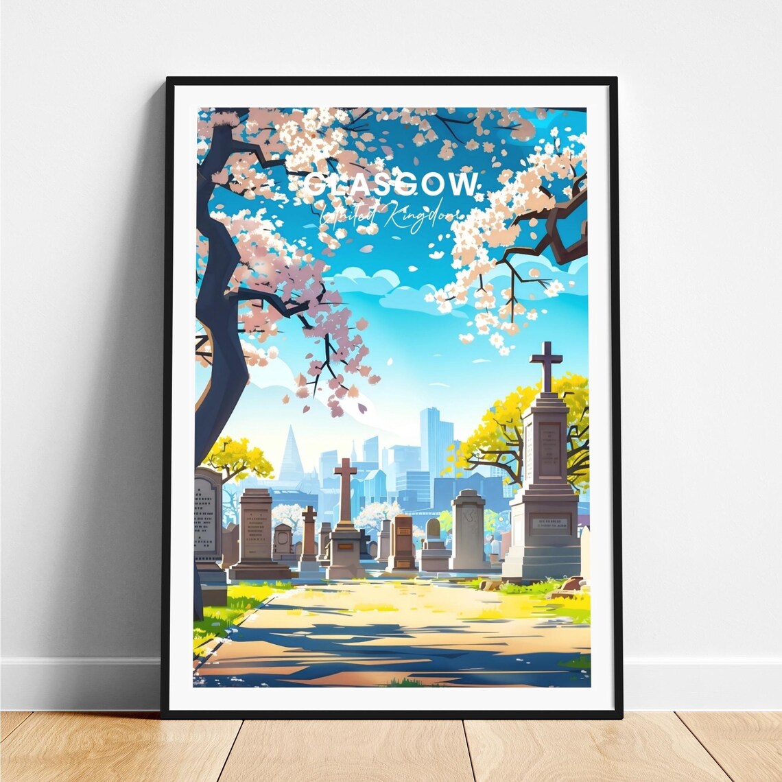 Glasgow Historic Cemetery Cherry Blossom City Skyline Travel Poster