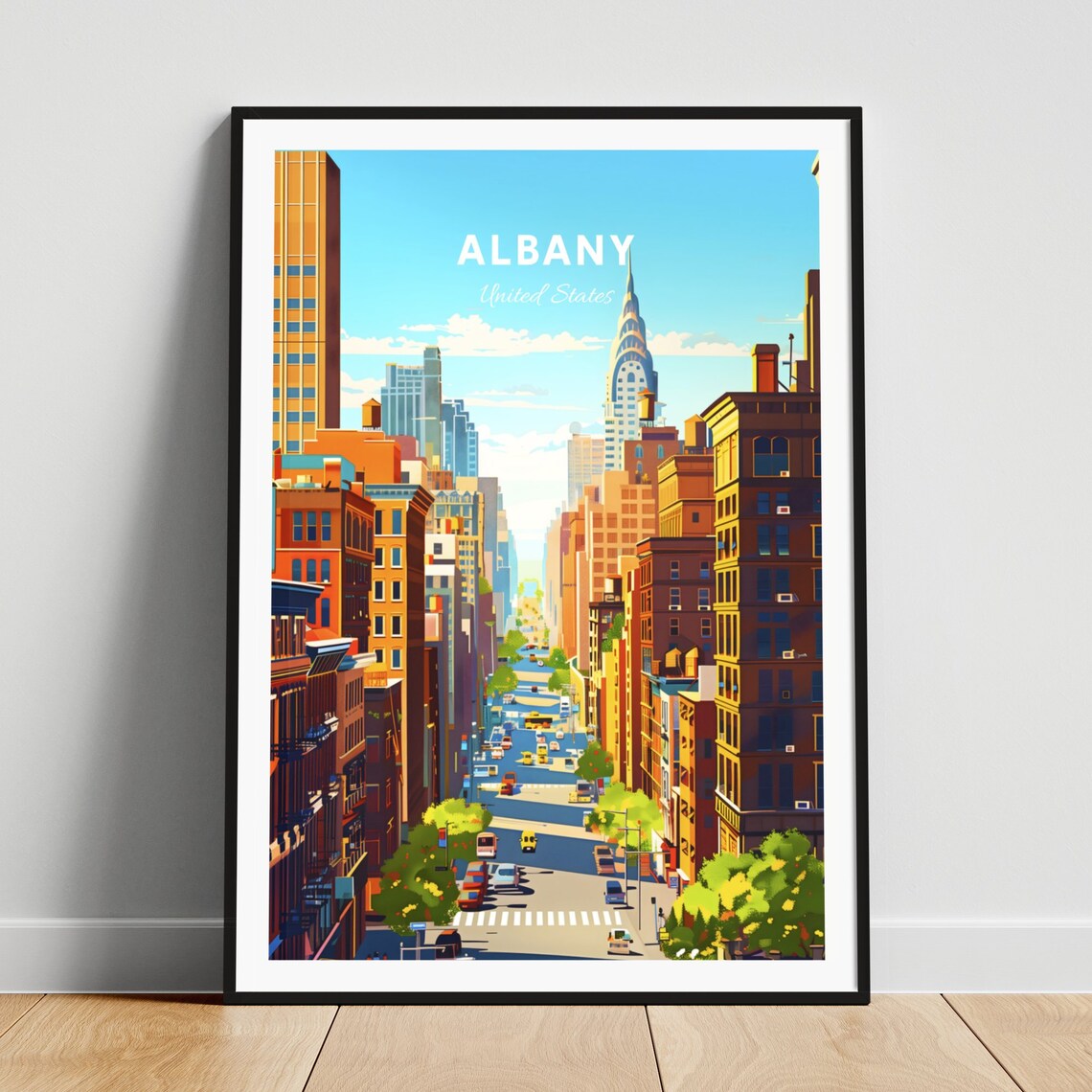 Albany New York Street Canyon Art Deco Spire Sunny Travel Poster