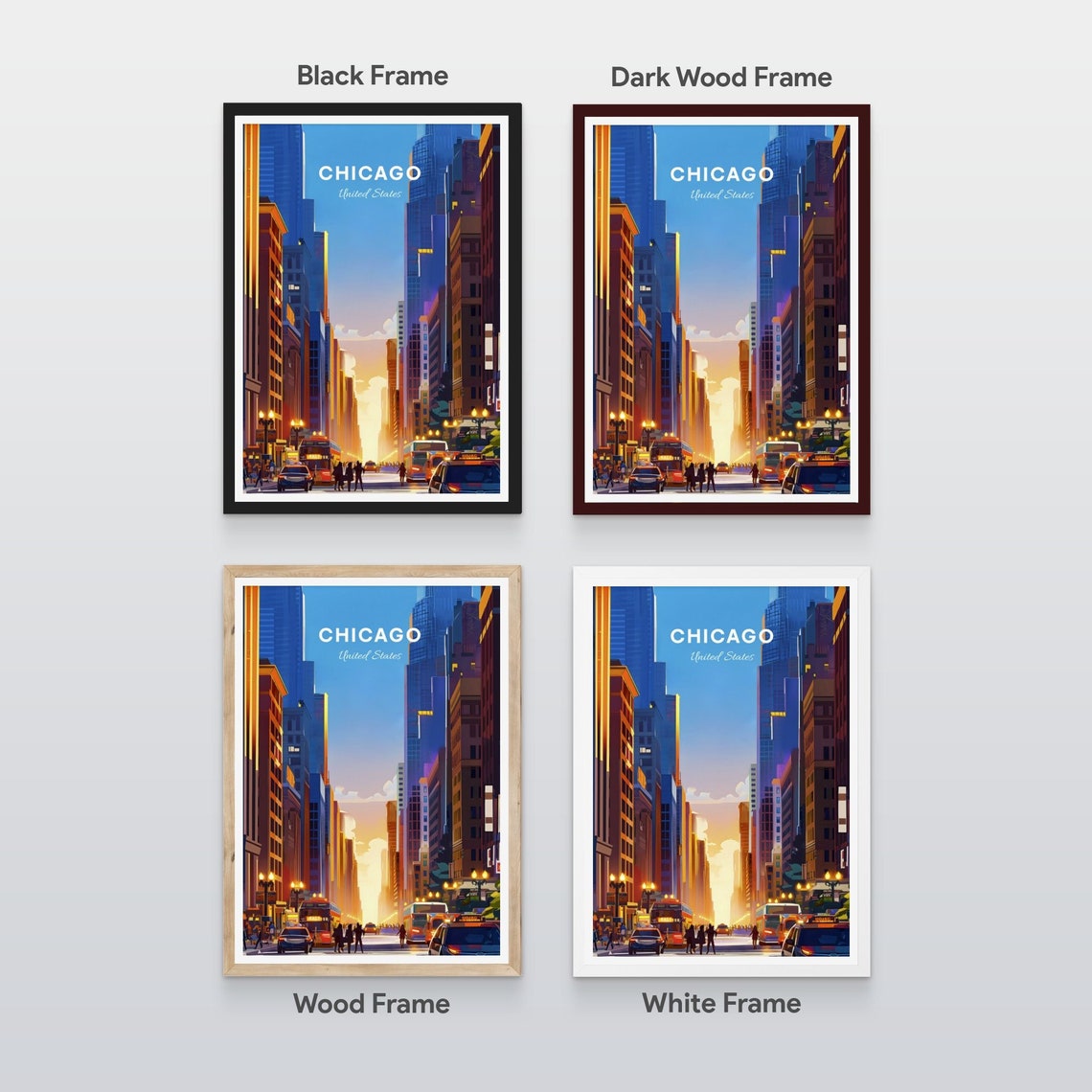 Chicago Illinois Downtown Street Canyon Sunset Buses Travel Art Poster - Image 2