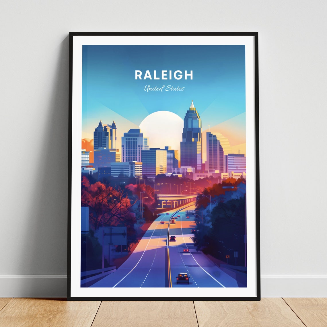 Raleigh North Carolina Downtown Skyline Freeway Sunset Poster