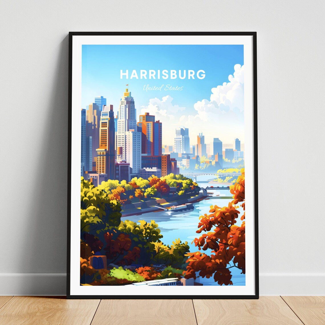 Harrisburg Pennsylvania River Skyline Red Bridge Autumn Travel Poster