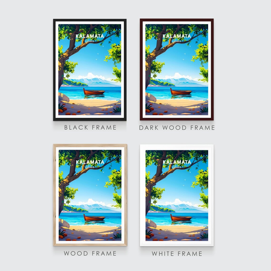 Kalamata Greece Sunny Beach Wooden Fishing Boat Travel Poster - Image 3