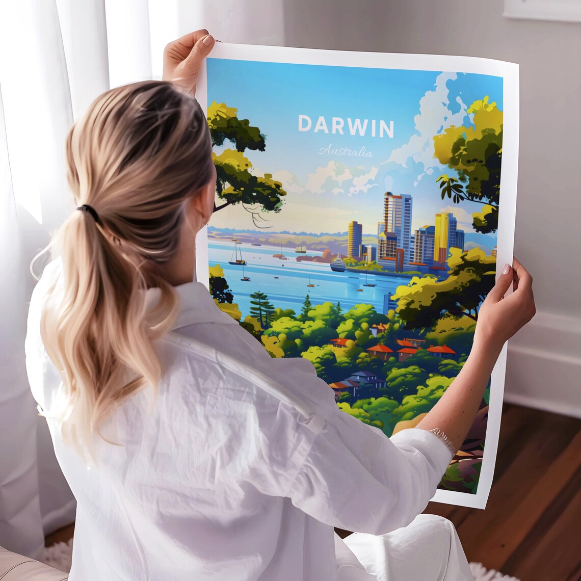 Darwin Australia Harbor Sailboats Lush Green Hills Travel Poster - Image 3