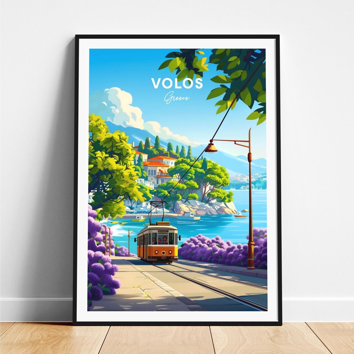 Volos Greece Tram on Waterfront Street with Purple Flowers Poster
