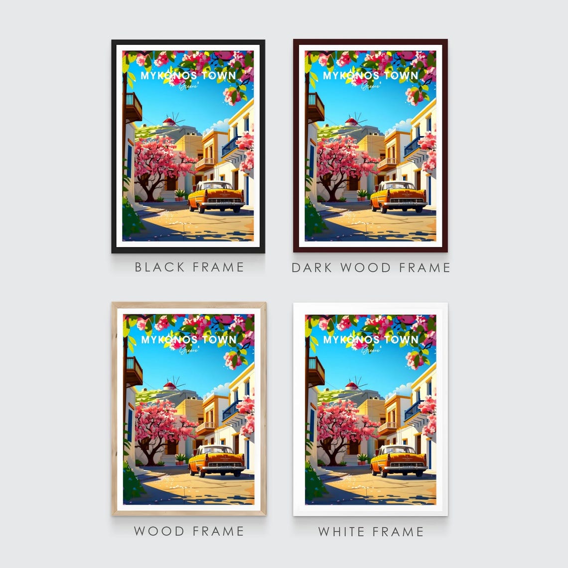 Mykonos Town Greece Classic Car Windmill Spring Travel Art Poster - Image 3