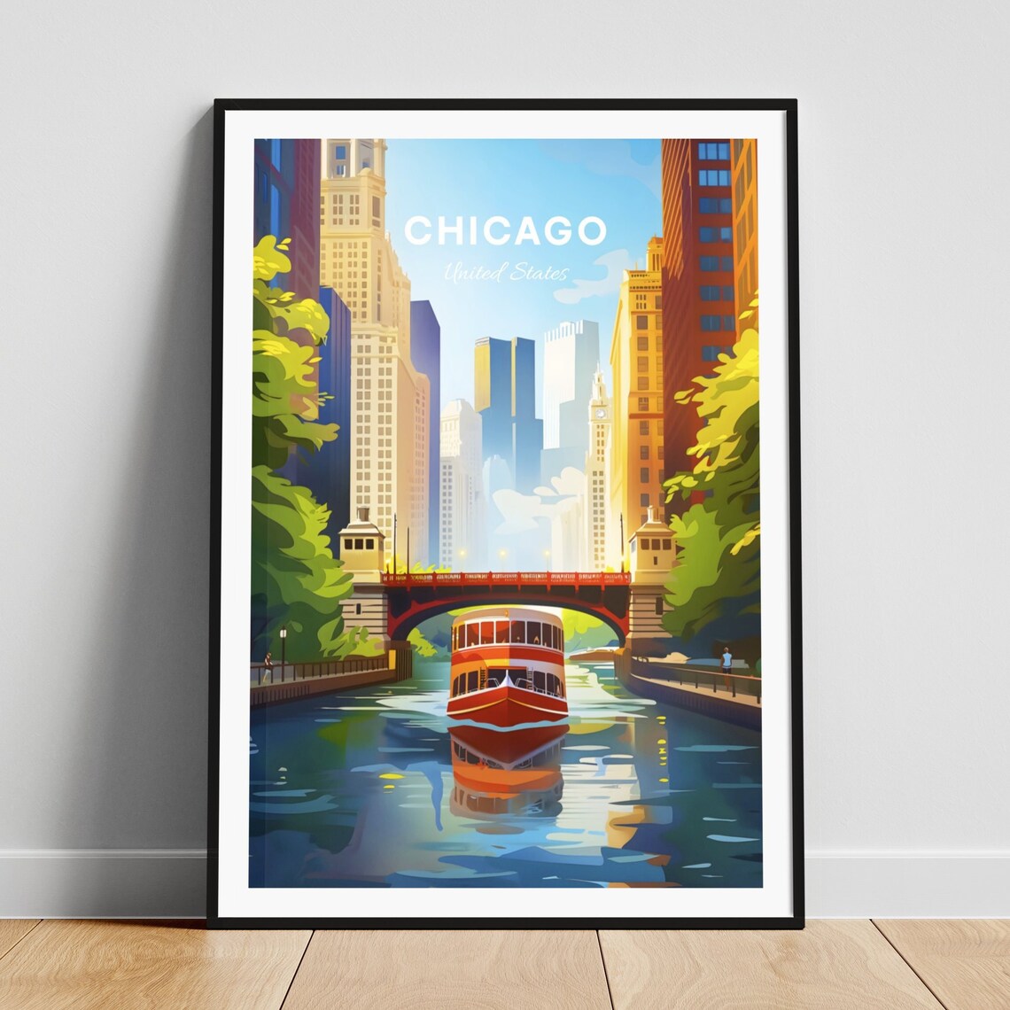 Chicago River Tour Boat Bridge Downtown Towers Day Travel Art Poster