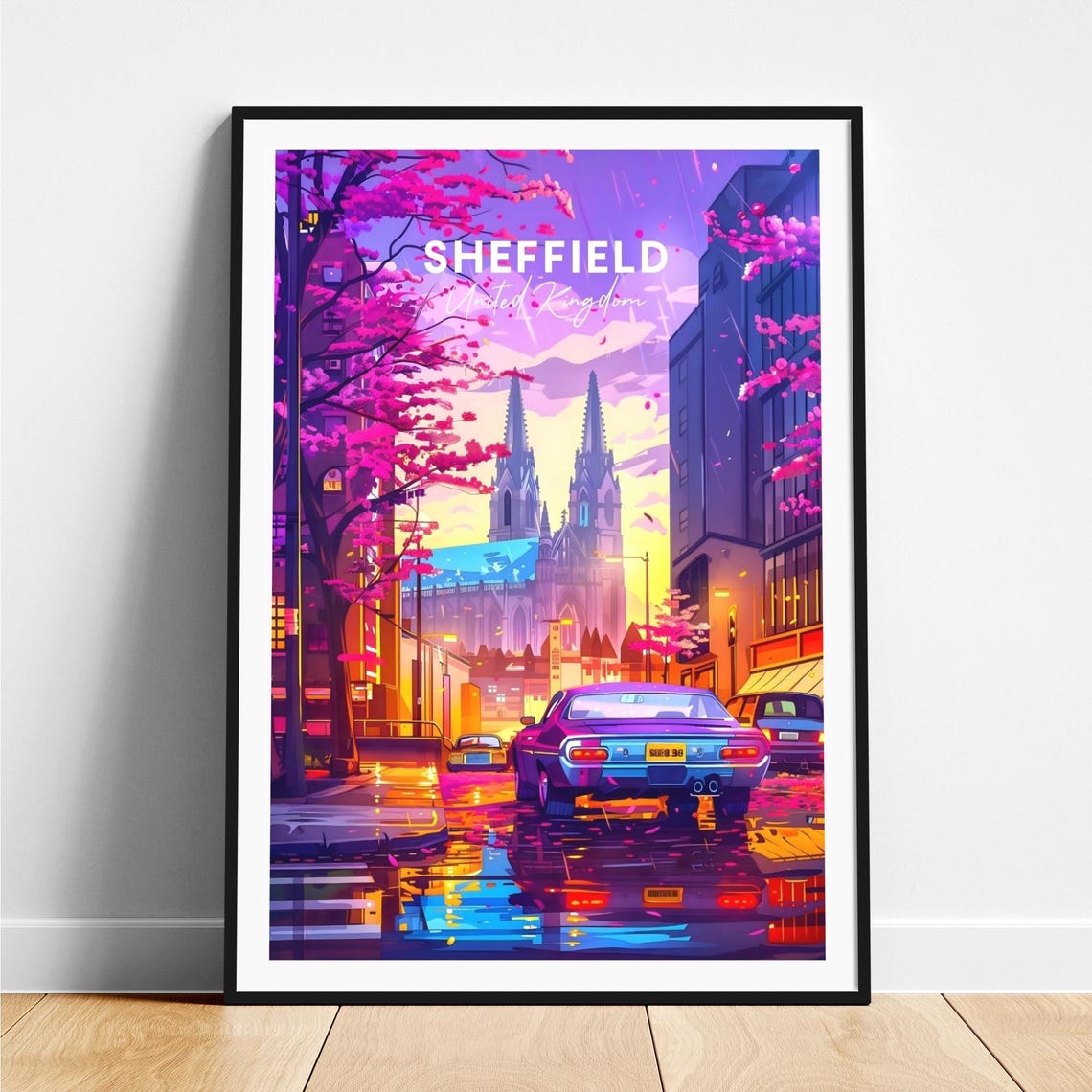 Sheffield Neon Night Street Classic Car England Travel Poster