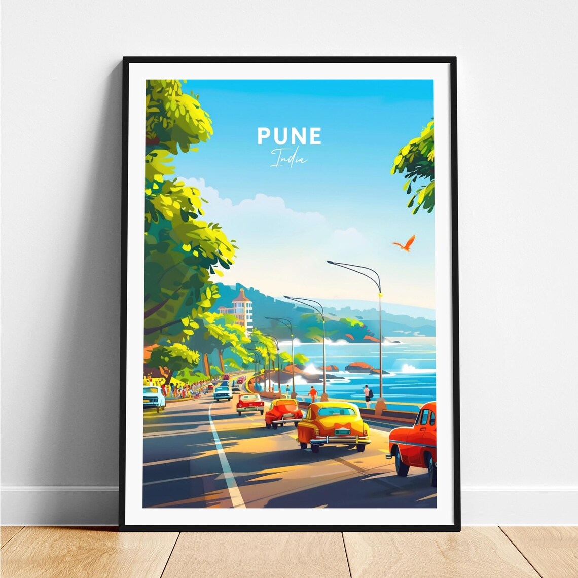 Pune Coastal Drive Vintage Cars Ocean View India Travel Poster