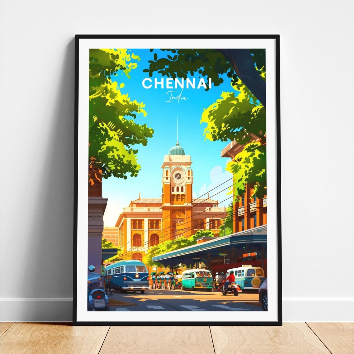 Chennai India Historic Clock Tower Street Buses Retro Travel Poster