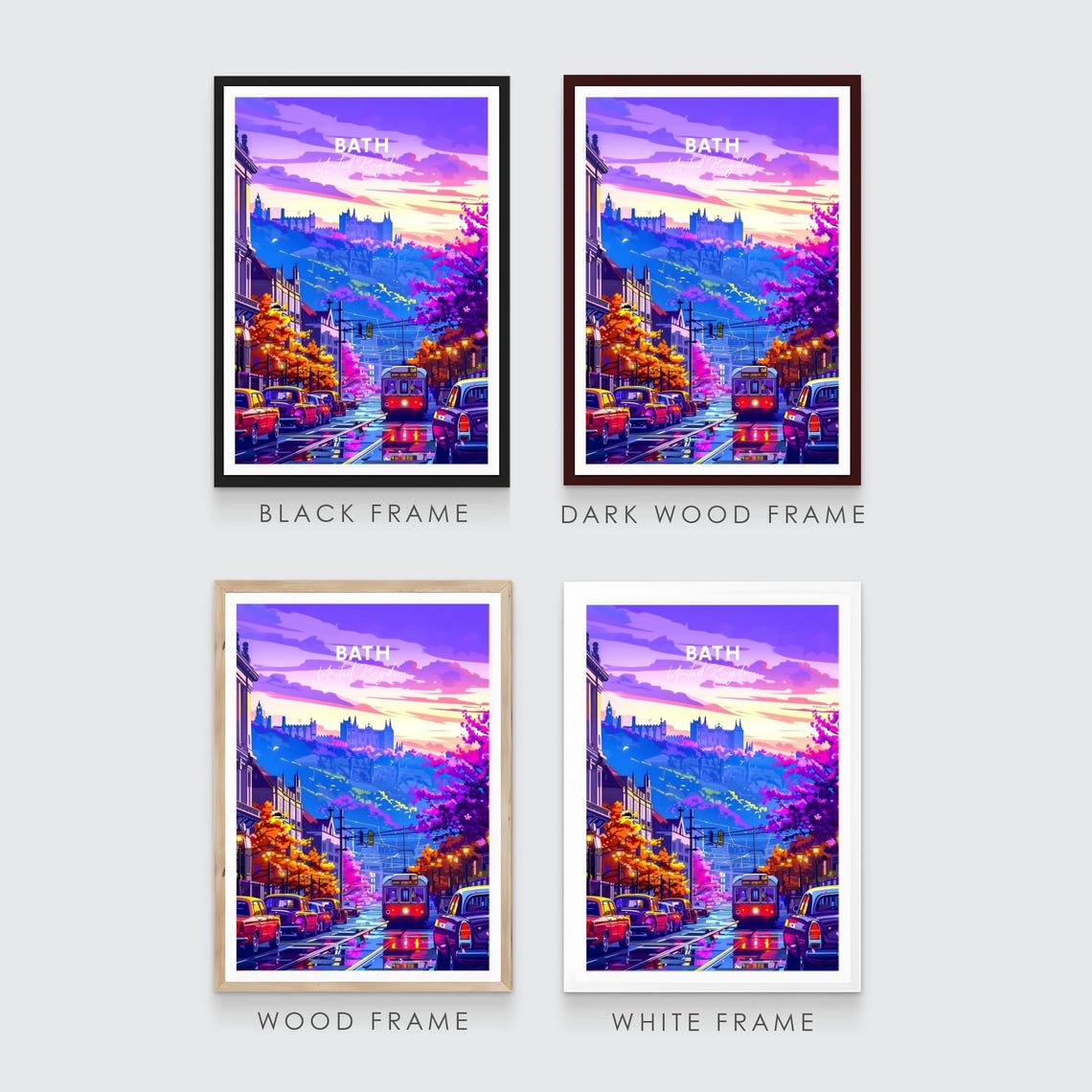 Bath England Neon Street Sunset Vintage Cars Abbey Travel Poster - Image 3