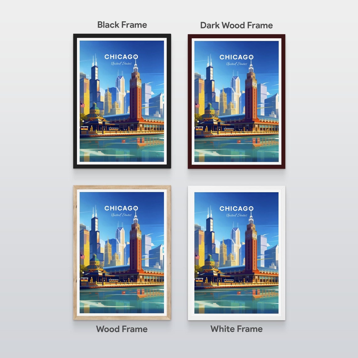Chicago Illinois Waterfront Terminal Clock Tower Skyline Travel Poster - Image 2