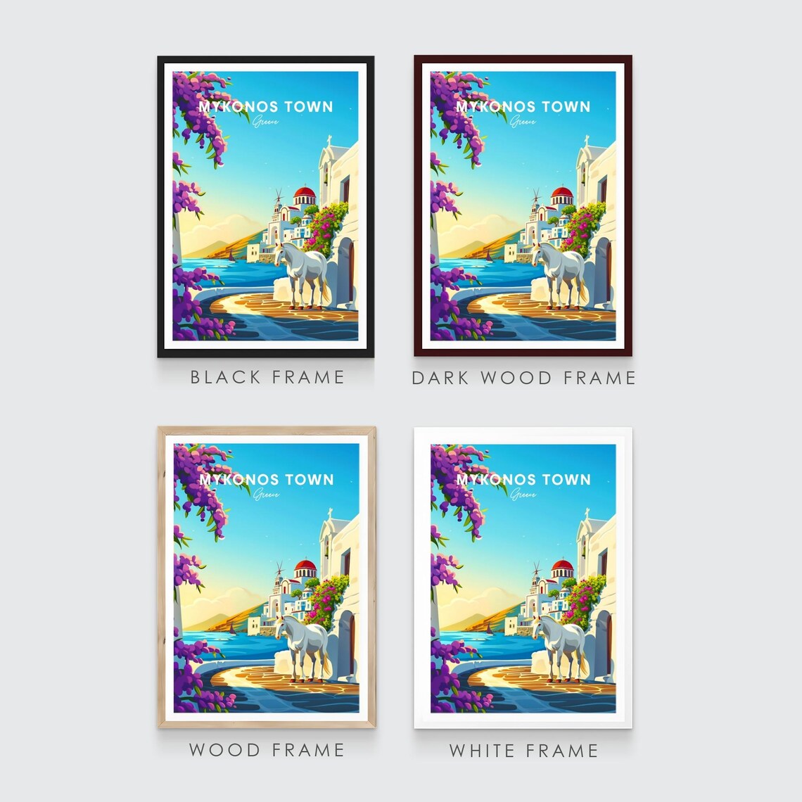Mykonos Town Greece White Horse Church Square Blossom Travel Poster - Image 3