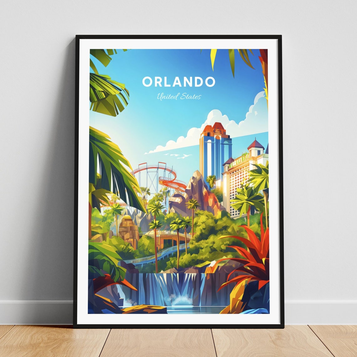 Orlando United States Theme Park Roller Coaster Palms Travel Poster