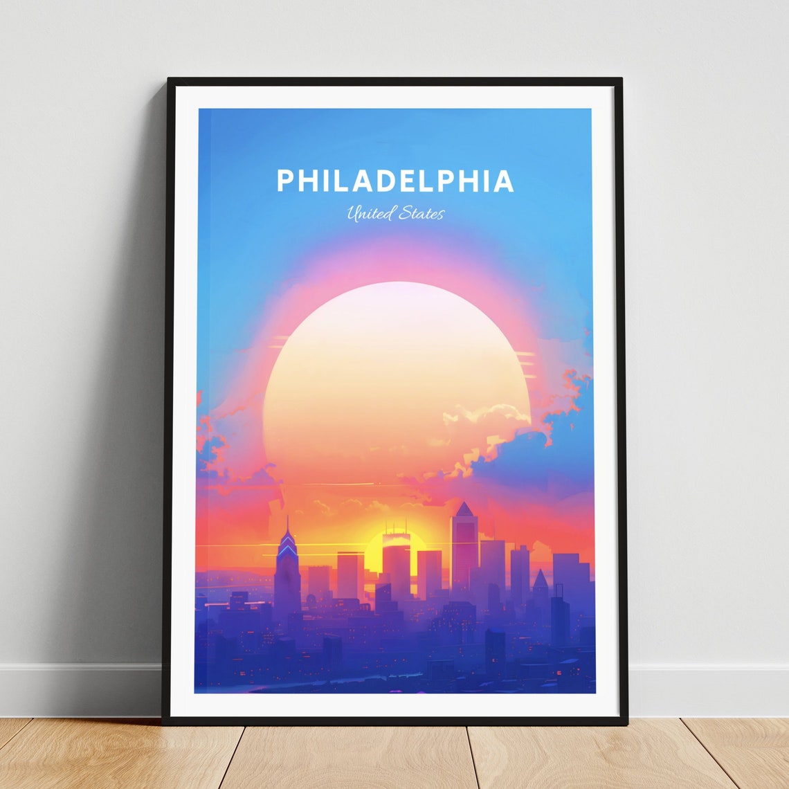 Philadelphia Pennsylvania Skyline Sunset Giant Sun Travel Poster
