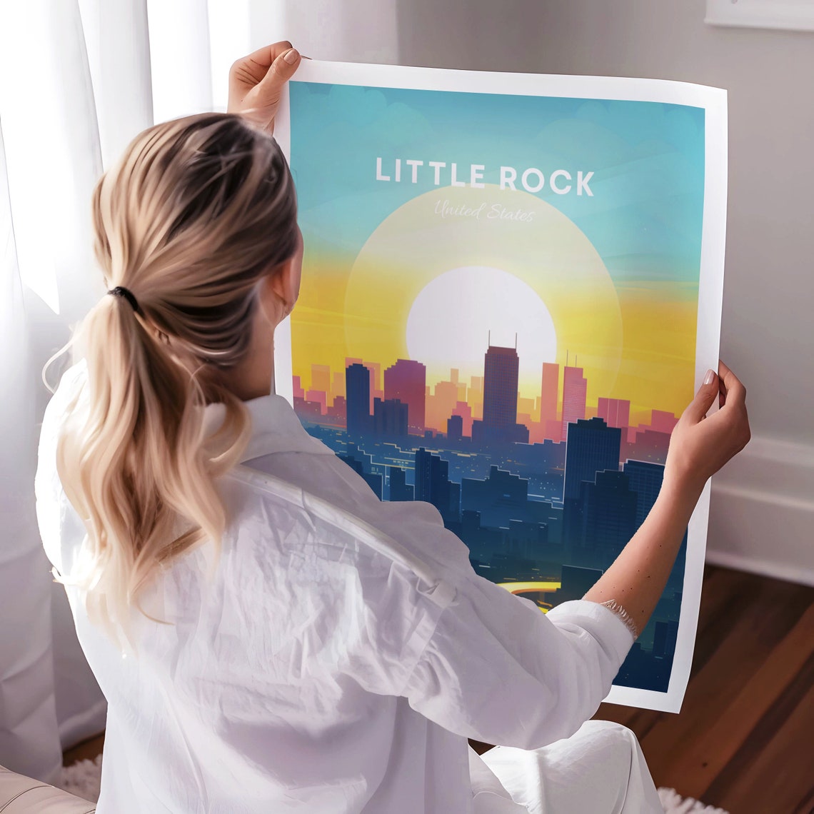 Little Rock Sunrise Skyline with a Winding Lit Road Below Poster - Image 3