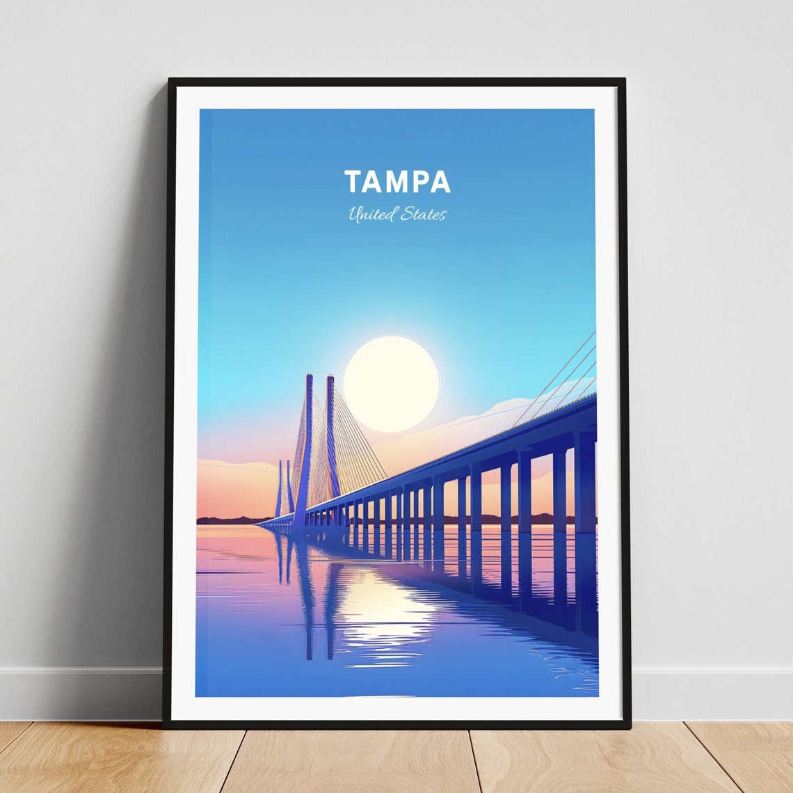 Tampa Bay Cable Bridge Sunrise Water Reflection Retro Poster