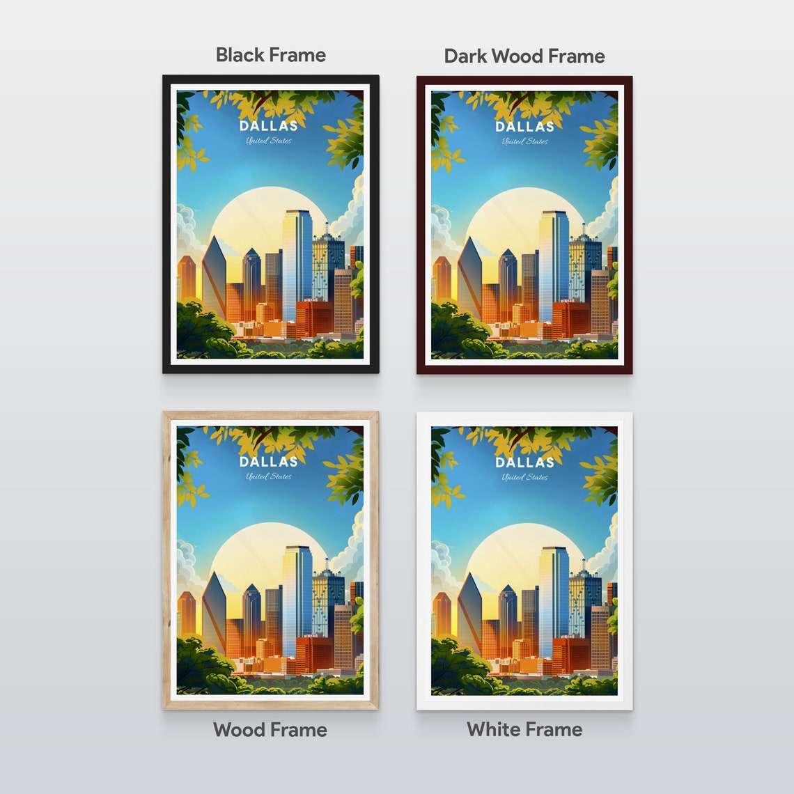 Dallas Daytime Skyline Framed by Green Trees in Golden Light Poster - Image 2