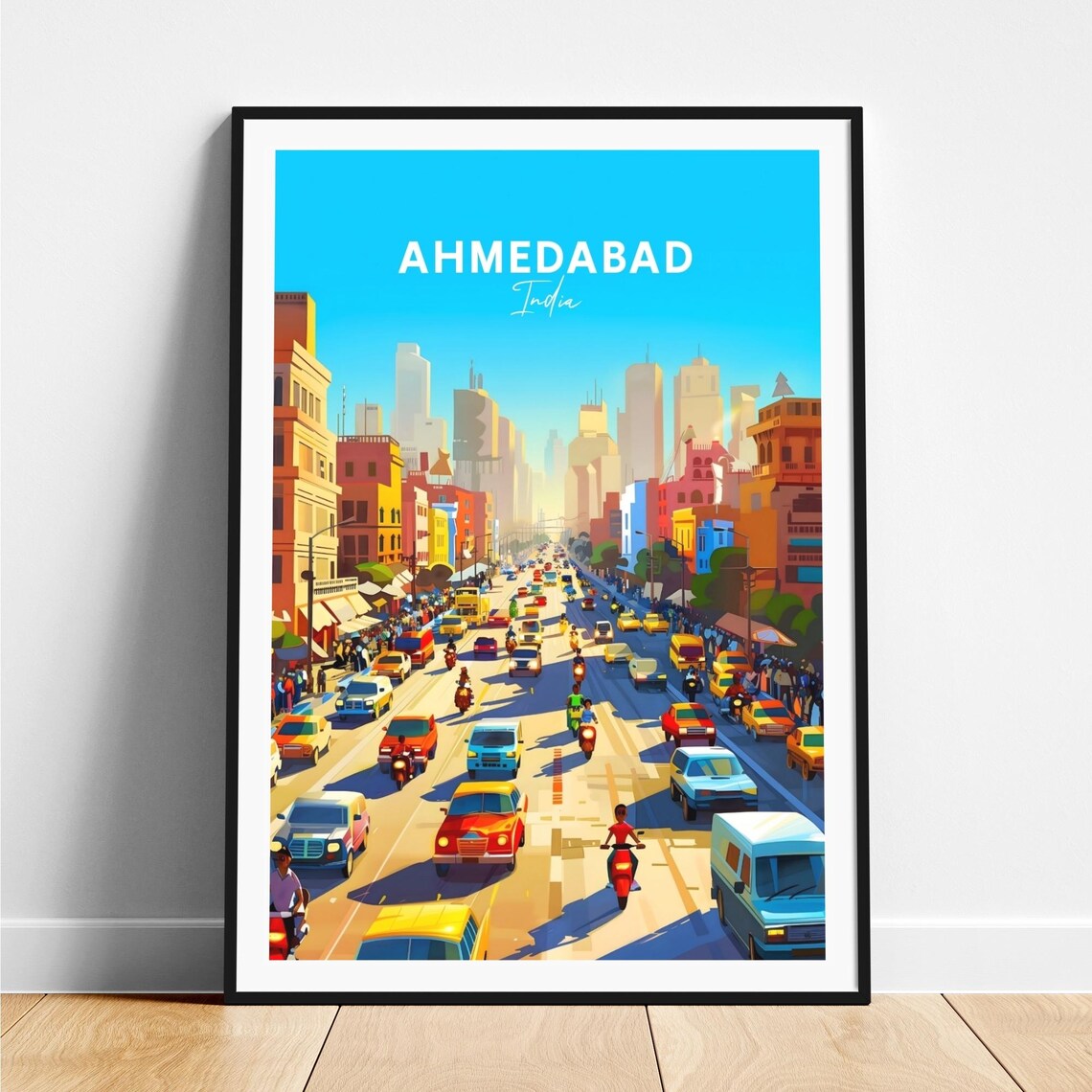 Ahmedabad India Busy City Street Retro Cars Vintage Travel Poster