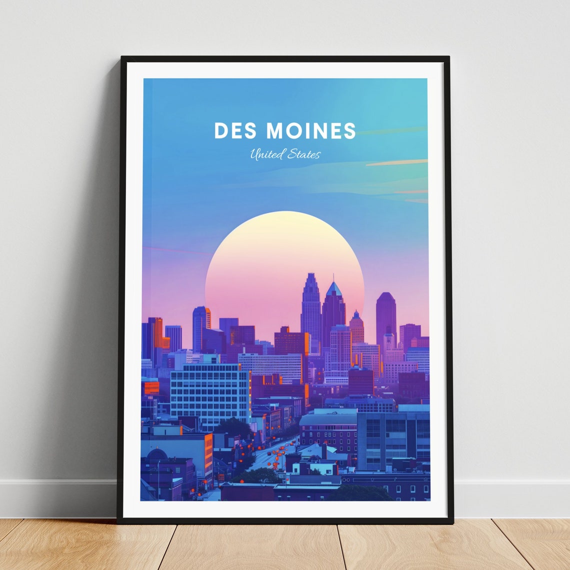 Des Moines Downtown Skyline Under Large Rising Sun Travel Poster