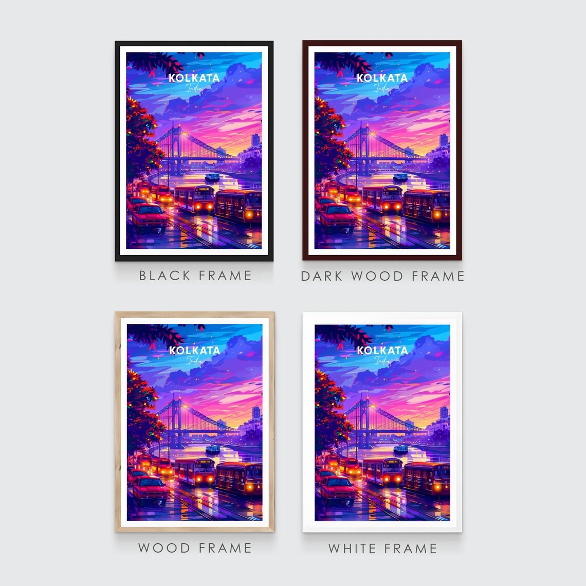 Kolkata India Howrah Bridge Sunset Trams Neon Cityscape Travel Poster - Image 3