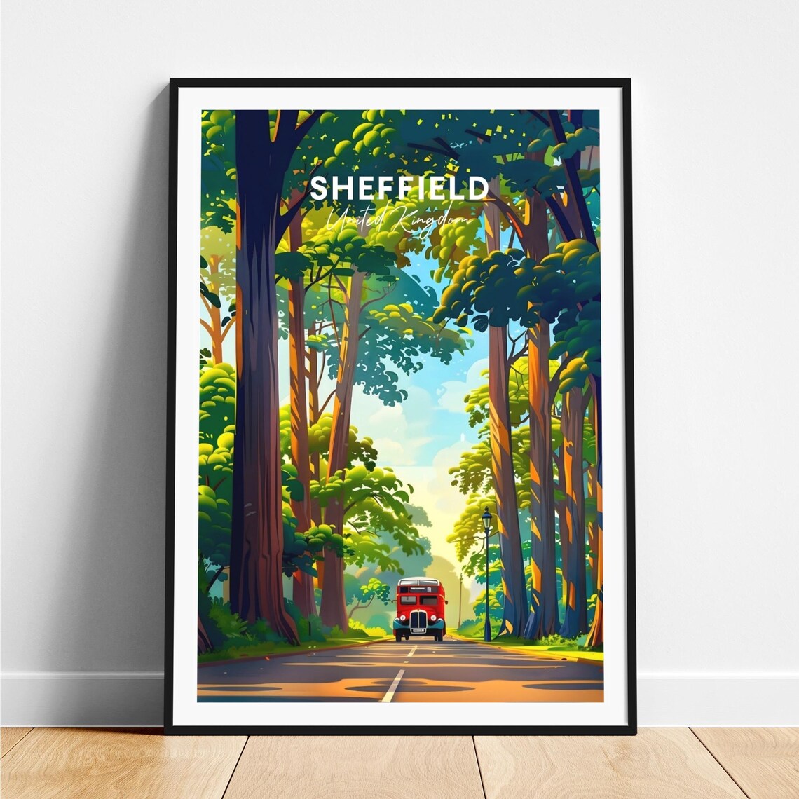 Sheffield Woodland Road Red Double Decker Bus England Travel Poster