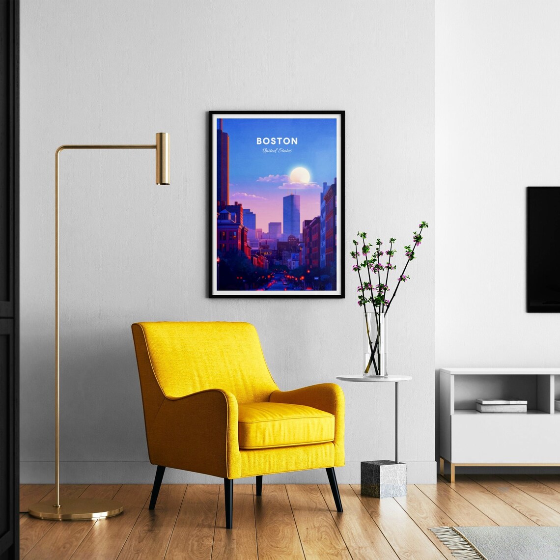 Boston Massachusetts Downtown Street Night Moon Skyline Travel Poster - Image 3