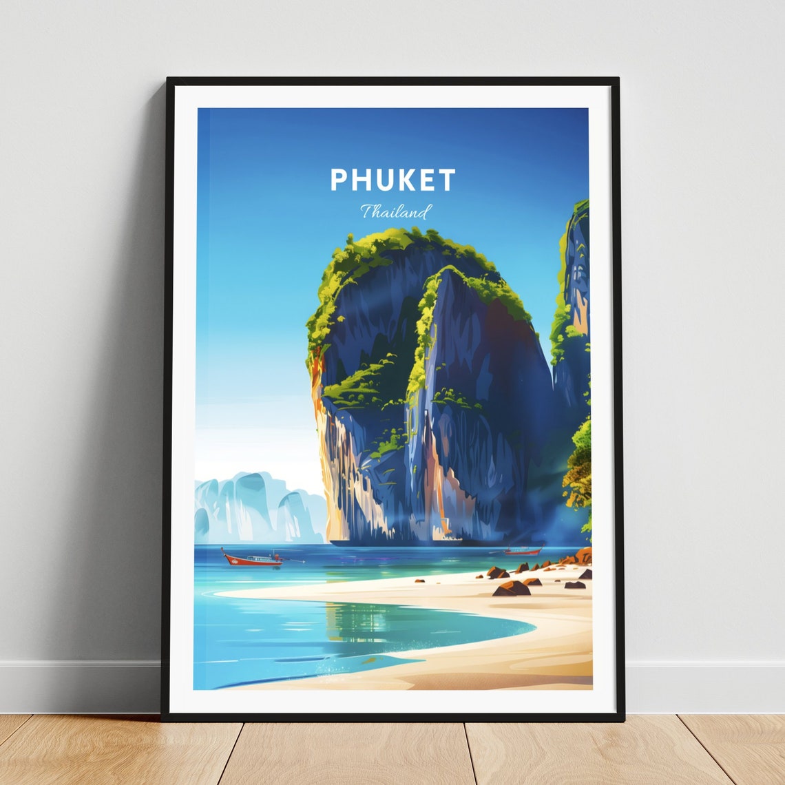 Phuket Thailand Limestone Karst Cliffs Beach Longtail Boat Poster