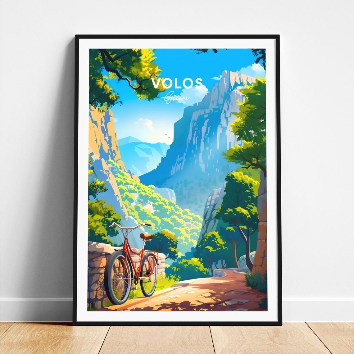 Volos Greece Mountain Gorge Red Bicycle Adventure Travel Poster