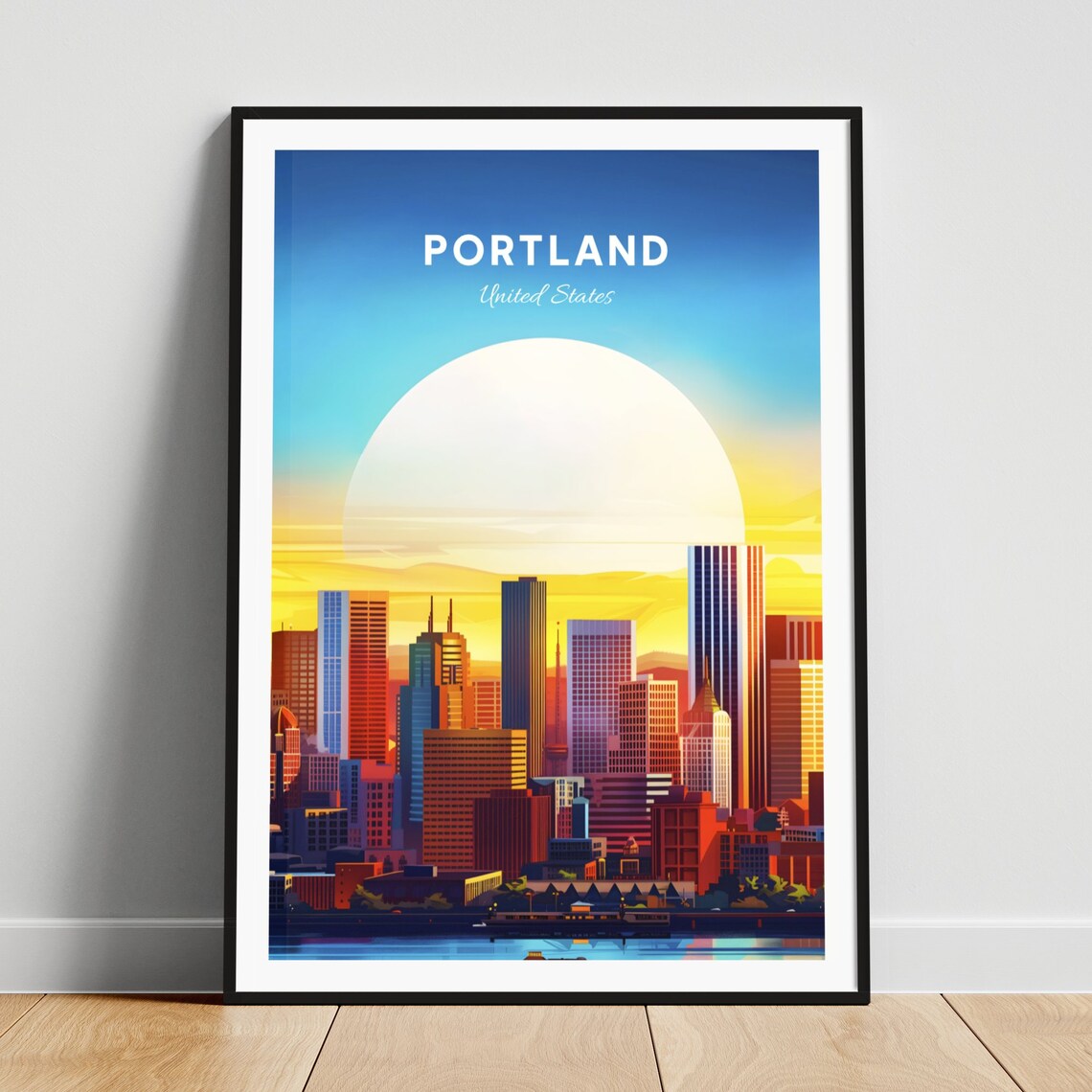 Portland Oregon Skyline Retro Sunrise Cityscape Travel Poster