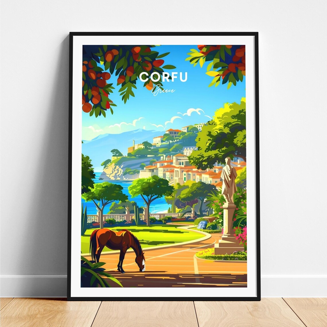Corfu Greece Horse Statue Coastal Garden Illustration Poster