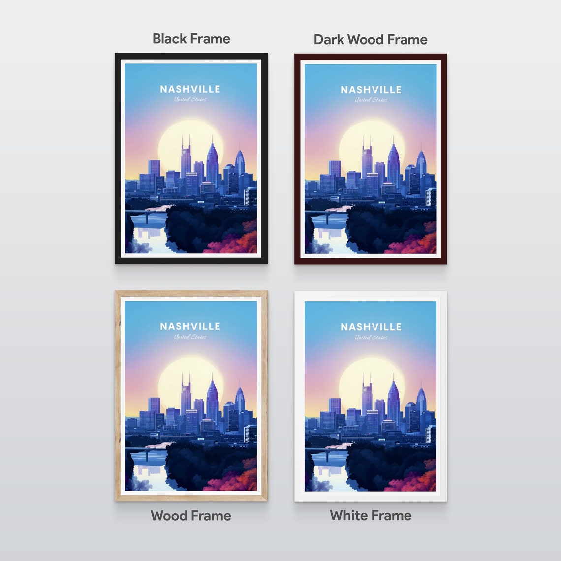 Nashville Skyline Sunrise Over the Cumberland River Travel Poster - Image 2