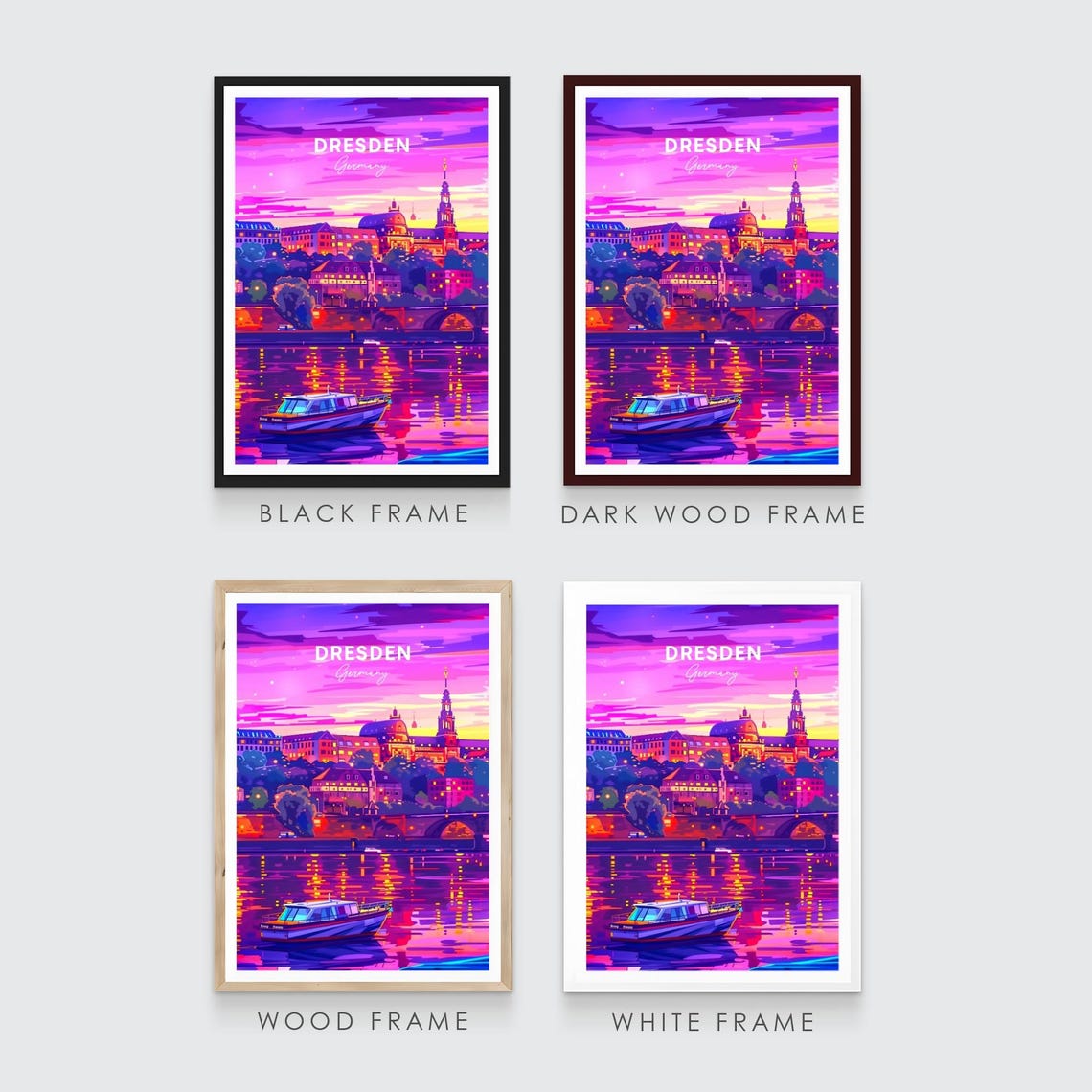 Dresden Germany River Boat Neon Sunset Skyline View Art Poster - Image 3
