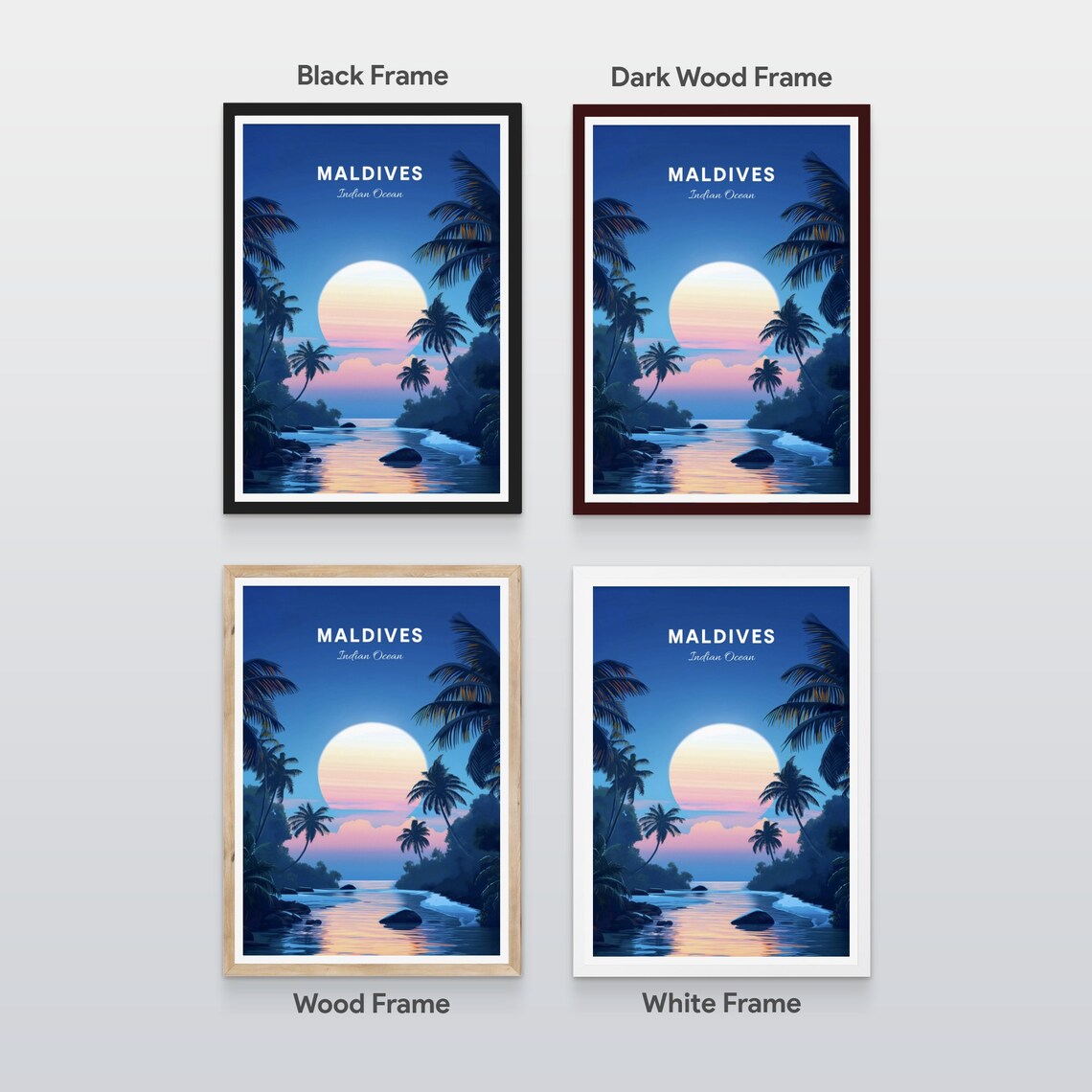Maldives Indian Ocean Twilight Lagoon Palms Sunset Travel Poster - Image 2