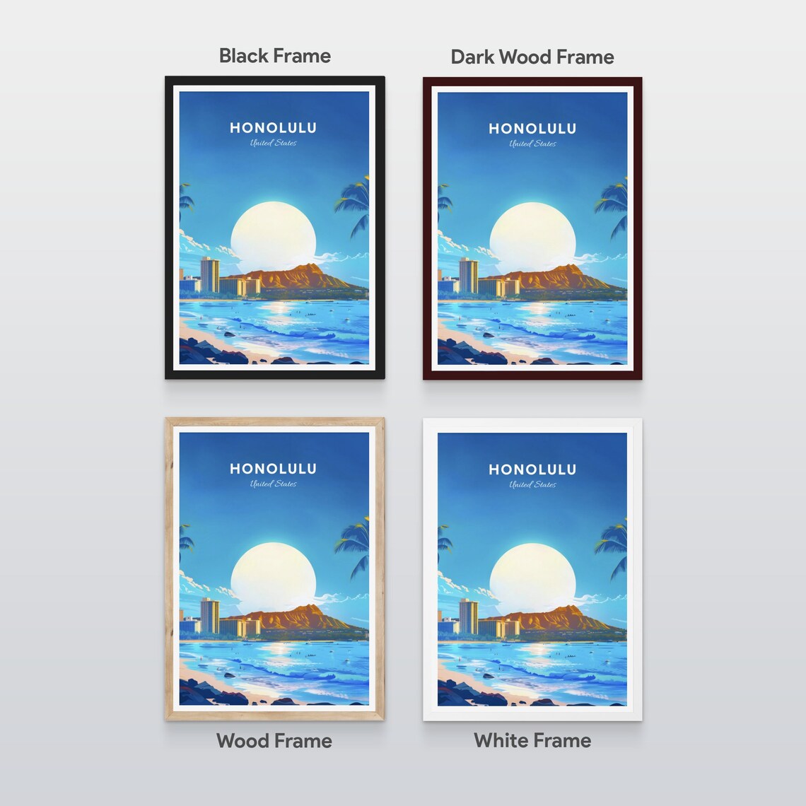Honolulu Hawaii Waikiki Beach Diamond Head Sun Travel Poster - Image 2
