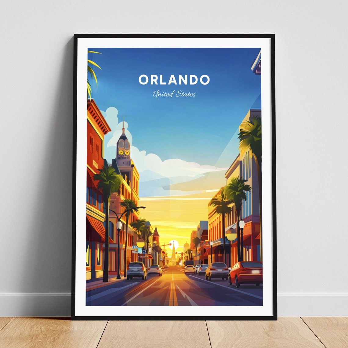 Orlando Clock Tower Street Sunset Palm Trees Vintage Travel Poster