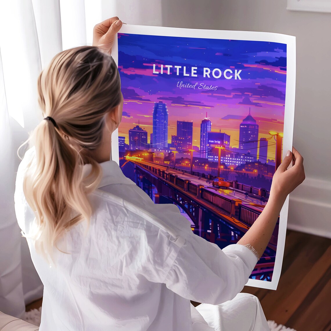 Little Rock Steel Truss Bridge at Dusk with City Lights Poster - Image 3