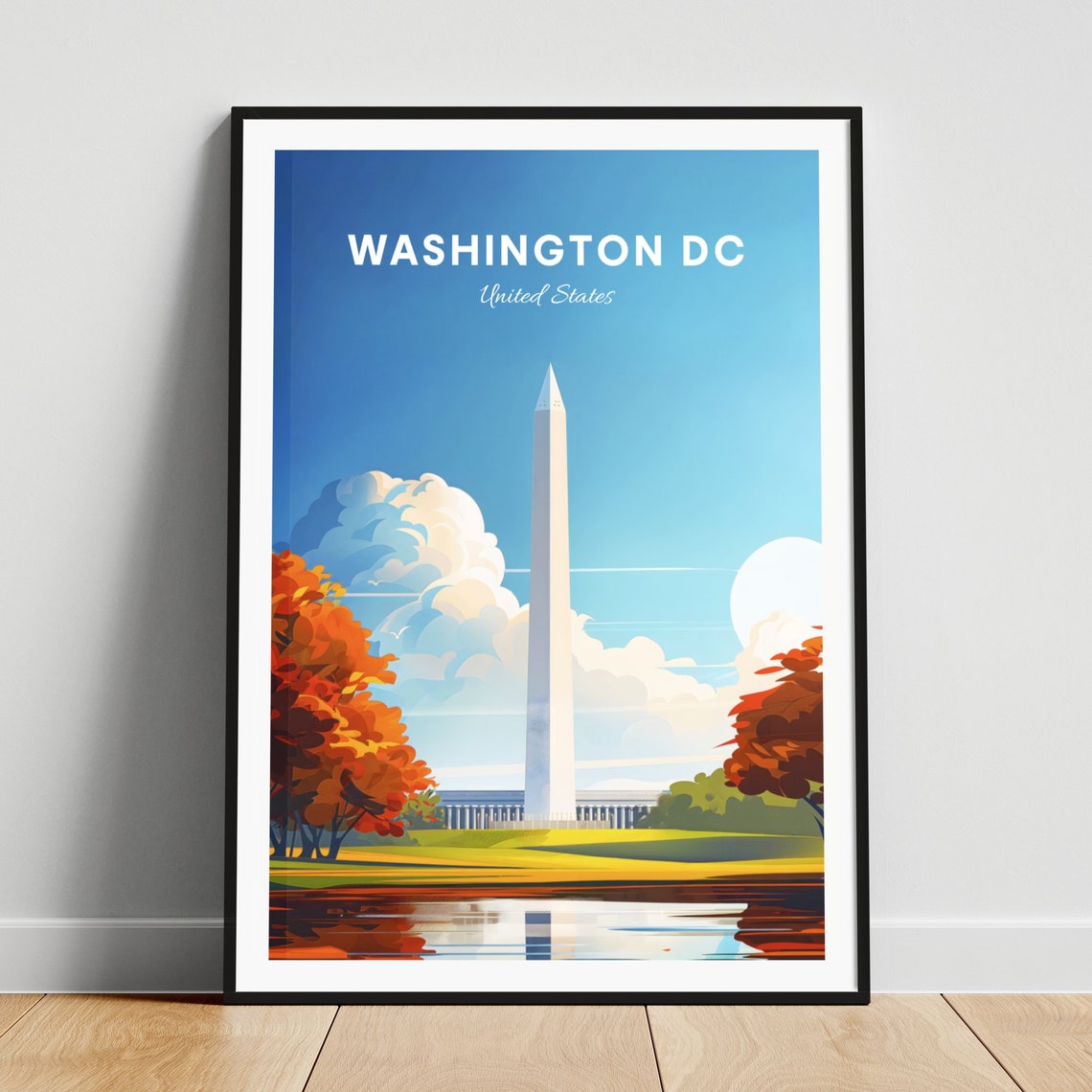 Washington DC Monument Autumn Trees Pond Reflection Travel Poster