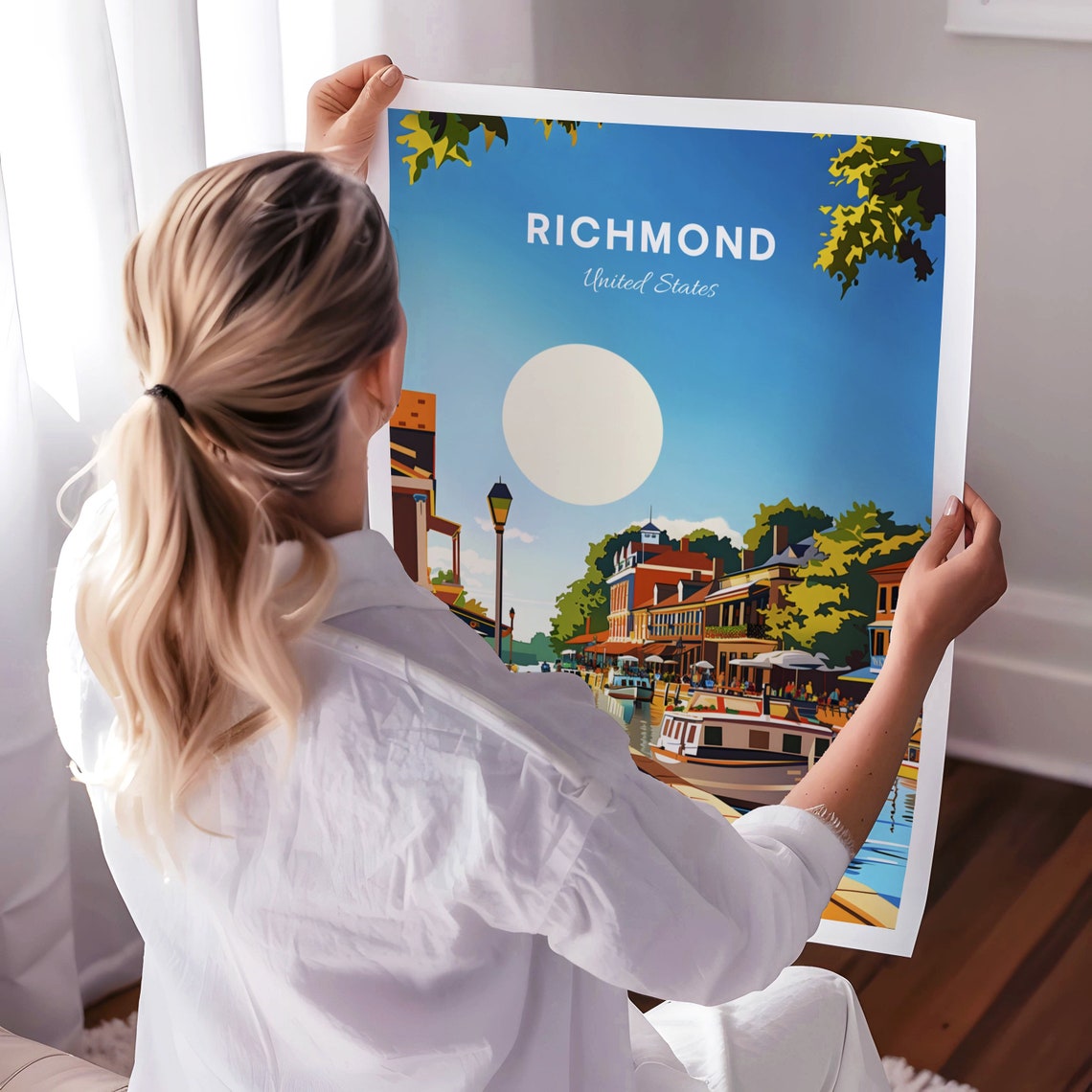 Richmond Canal Waterfront Cobblestone Street Sunny Day Travel Poster - Image 3