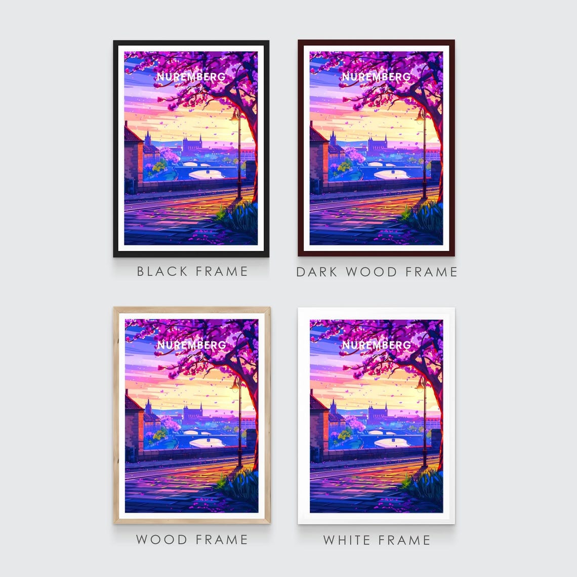 Nuremberg Germany Sunset Promenade Pink Blossom View Art Poster - Image 3