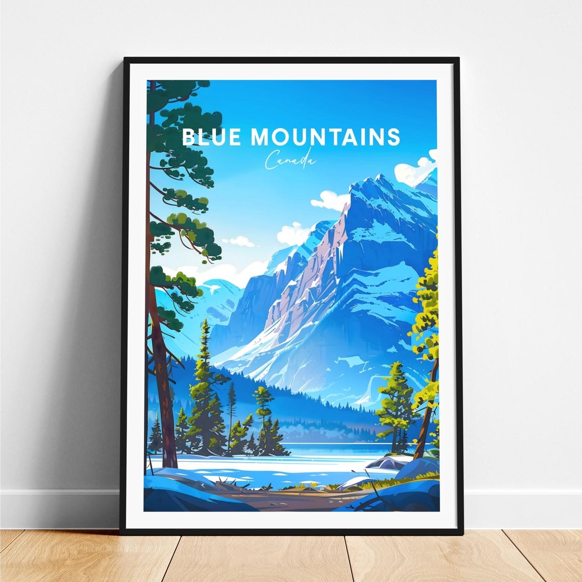 Blue Mountains Canada Snowy Peak Pine Lake Winter Scene Poster