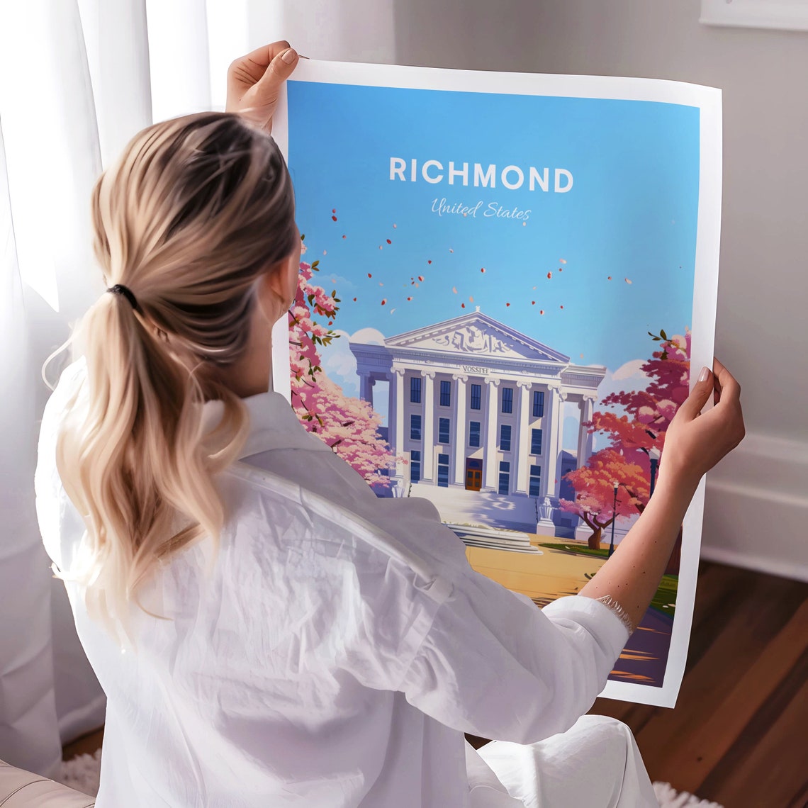 Richmond White Capitol Building Framed by Cherry Blossoms Poster - Image 3