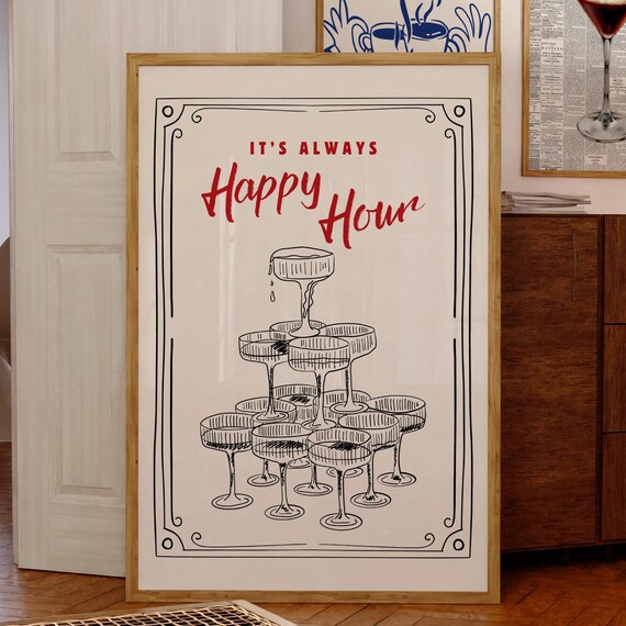 Happy Hour Bar Cart Retro Cocktail Poster