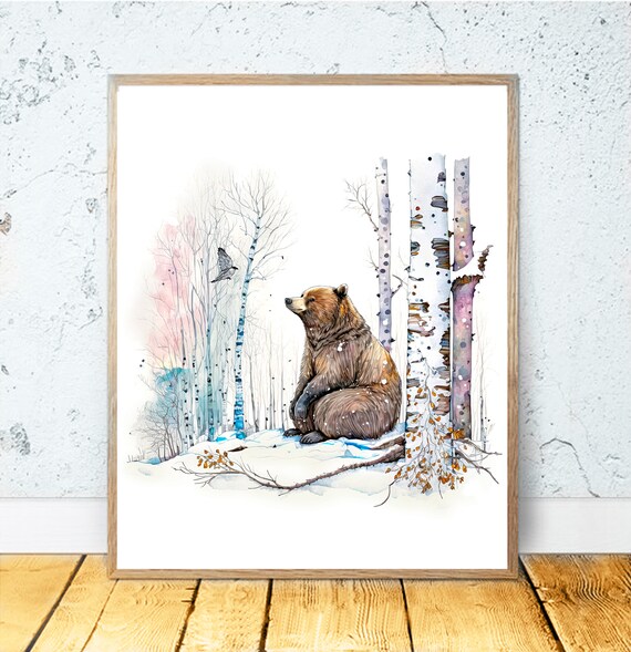 Brown Bear Sitting In Snow Among Birch Trees Winter Nature Poster
