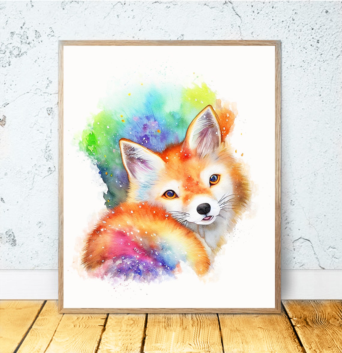 Colorful Red Fox With Rainbow Watercolor Splash Woodland Art Poster