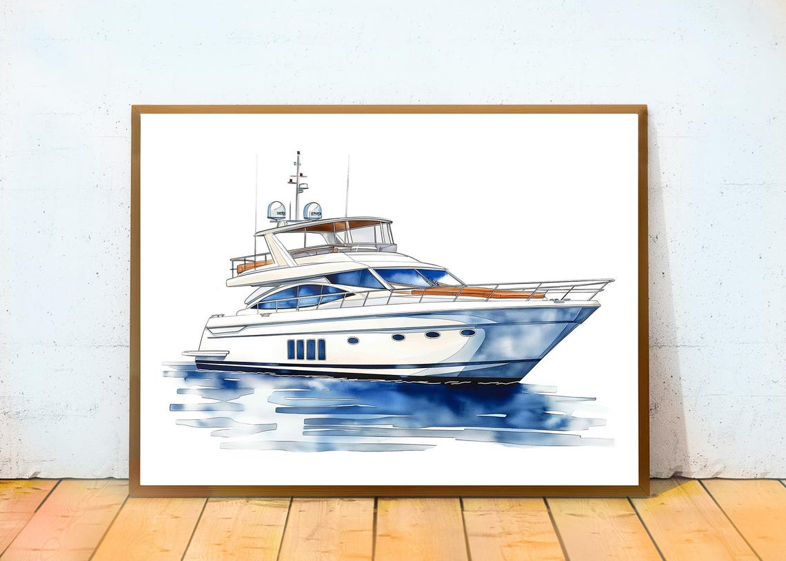 Luxury White Motor Yacht On Blue Water Nautical Watercolor Poster