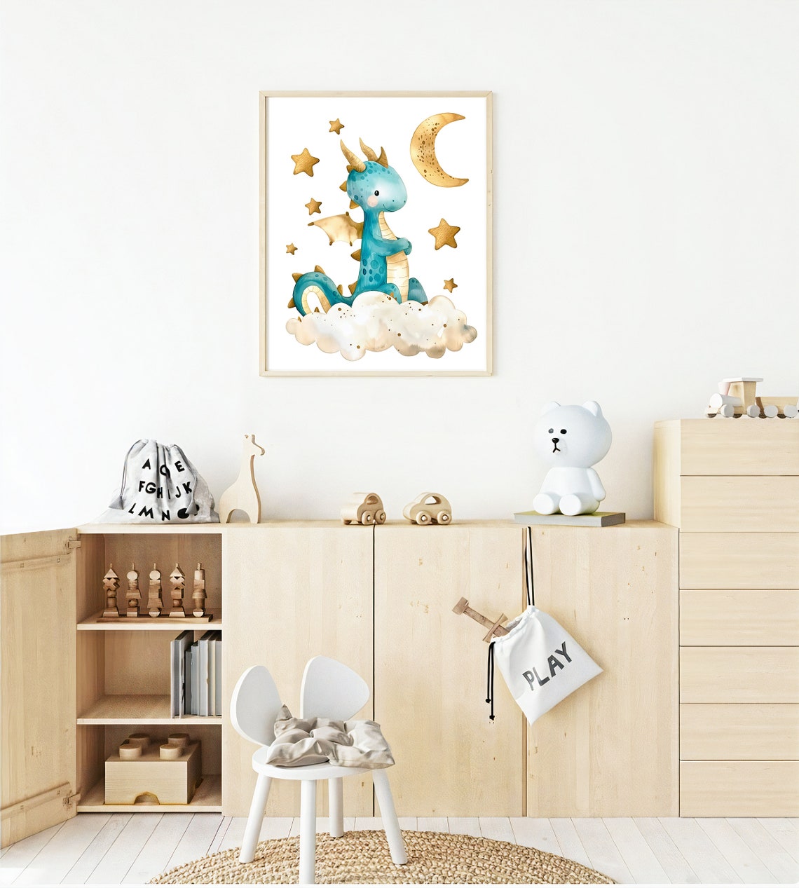 Teal Baby Dragon Sitting On Cloud With Stars Night Sky Art Poster - Image 2