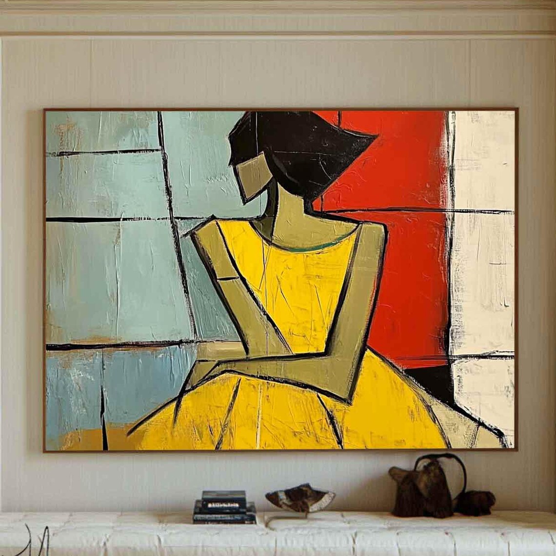 Cubist Woman Yellow Dress Abstract Seated Figure Canvas Art Poster
