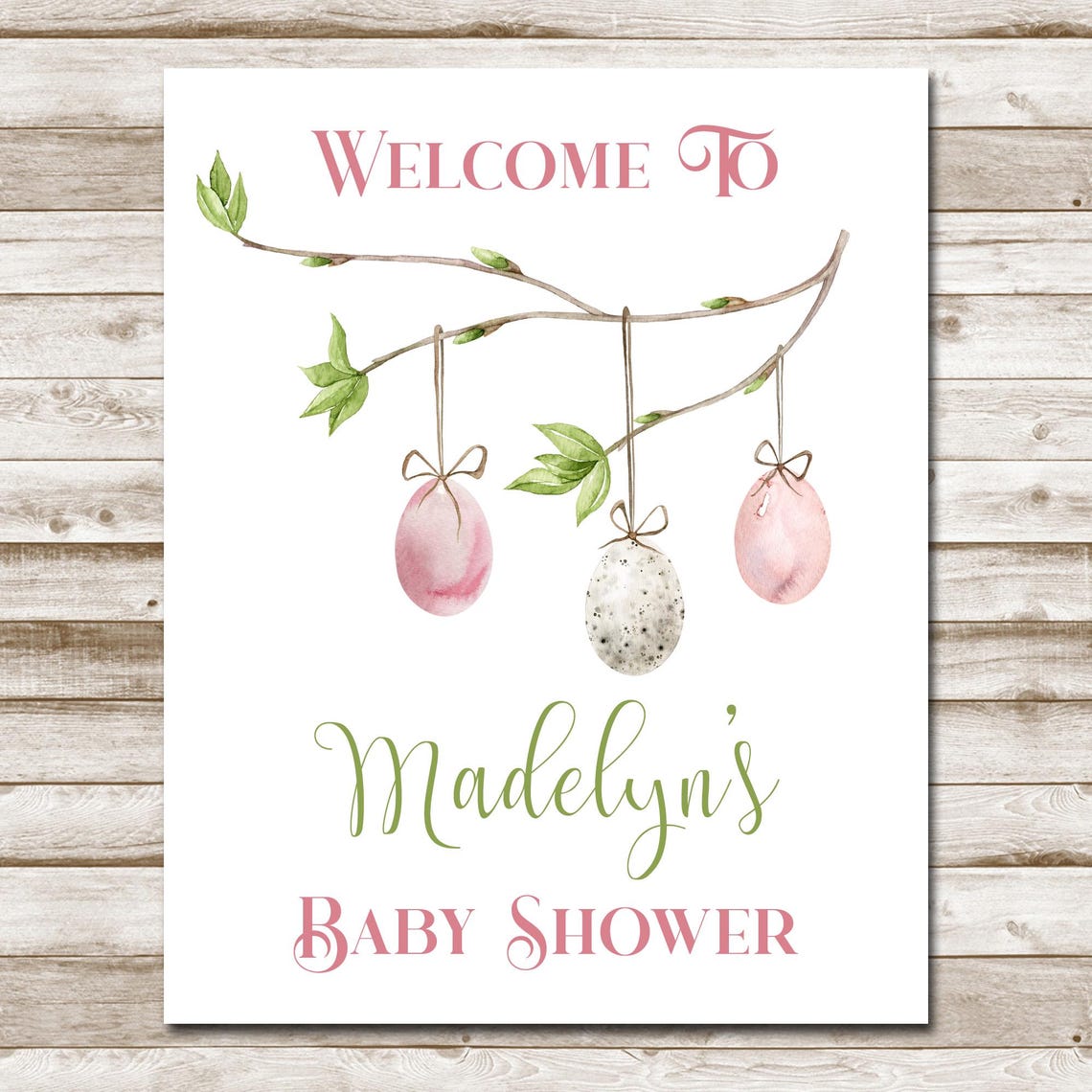 Madelyn's Baby Shower Welcome Sign Personalized Hanging Eggs Poster - Image 4