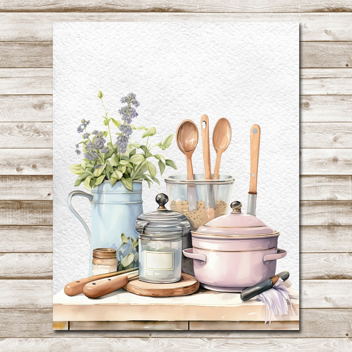 Watercolor Kitchen Still Life Enamelware Pitcher Utensils Home Poster - Image 10